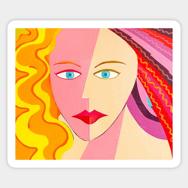 Lady with Red Lips and Blue Eyes - My Original Art Sticker by MikeMargolisArt